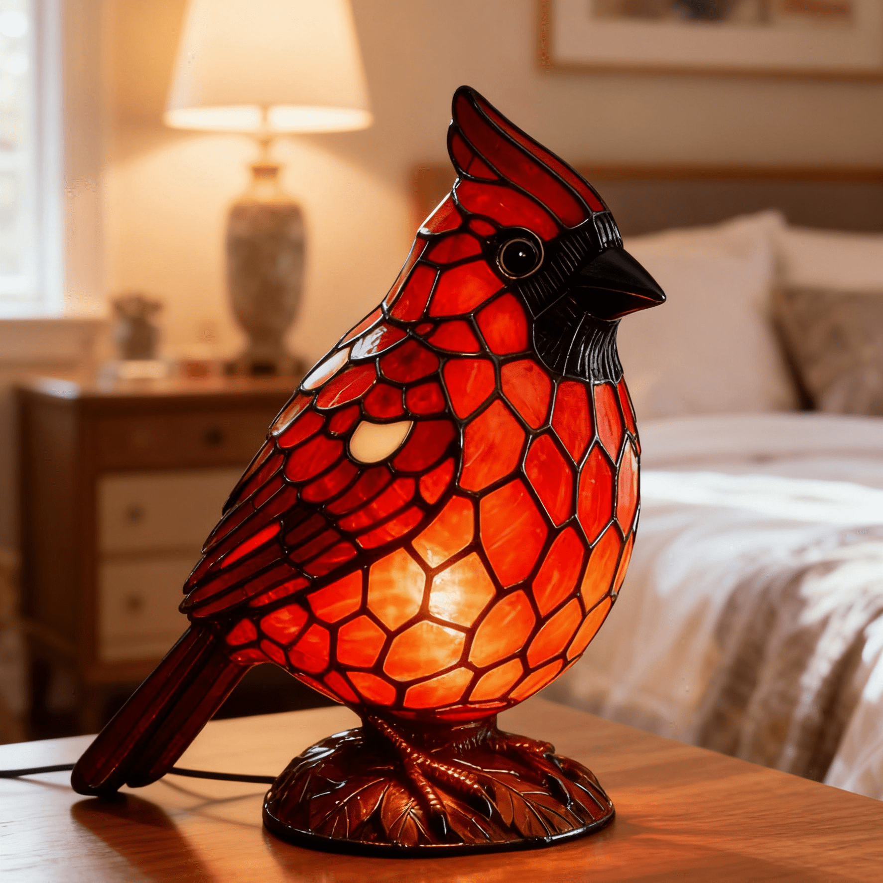 Handmade Stained Glass Red Bird Night Light, Creative Animal Desk Lamp for Bedroom, Study, Nursery Decor