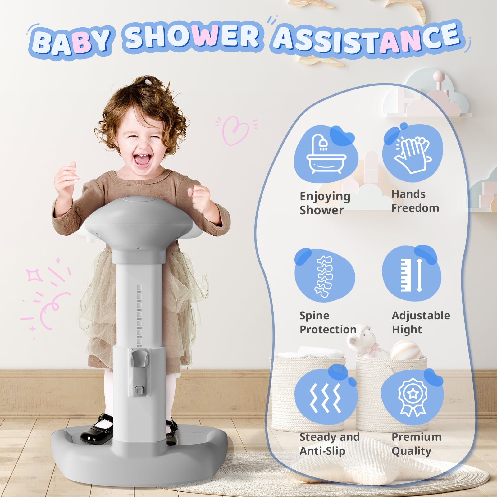 COOSEYA Baby Bath with Shower Stand Support, Anti-Pinch Soporte para Bañera de Bebé Adjustable Shower Tower and Anti-Slip for Toddler Standing Up Themselves(Gray)