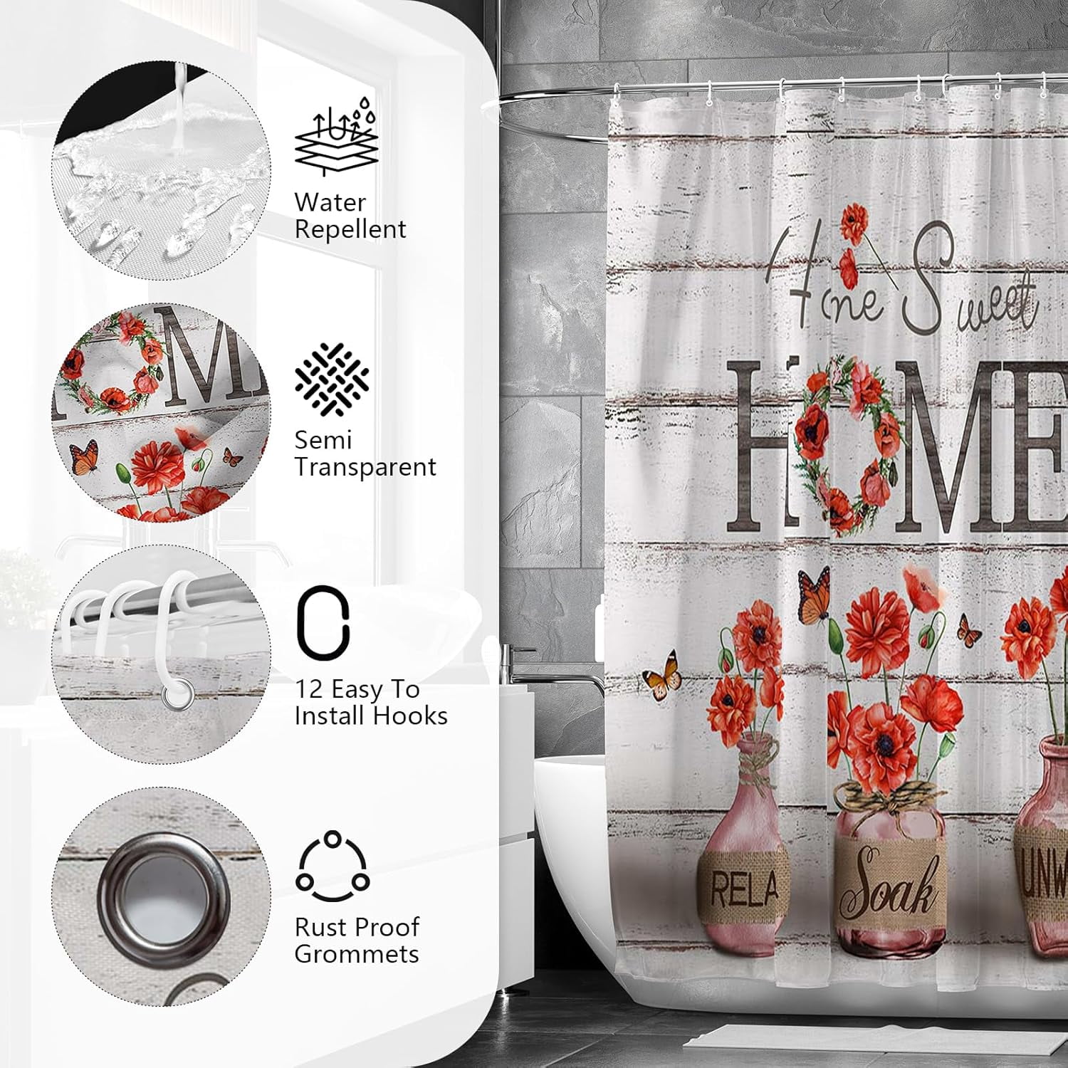 4PCS Farmhouse Shower Curtain Sets for Bathroom, Green Eucalyptus Rustic Bathroom Set with Shower Curtain and Rugs, Country Style Home Sweet Home Vintage Bathroom Decor Accessories