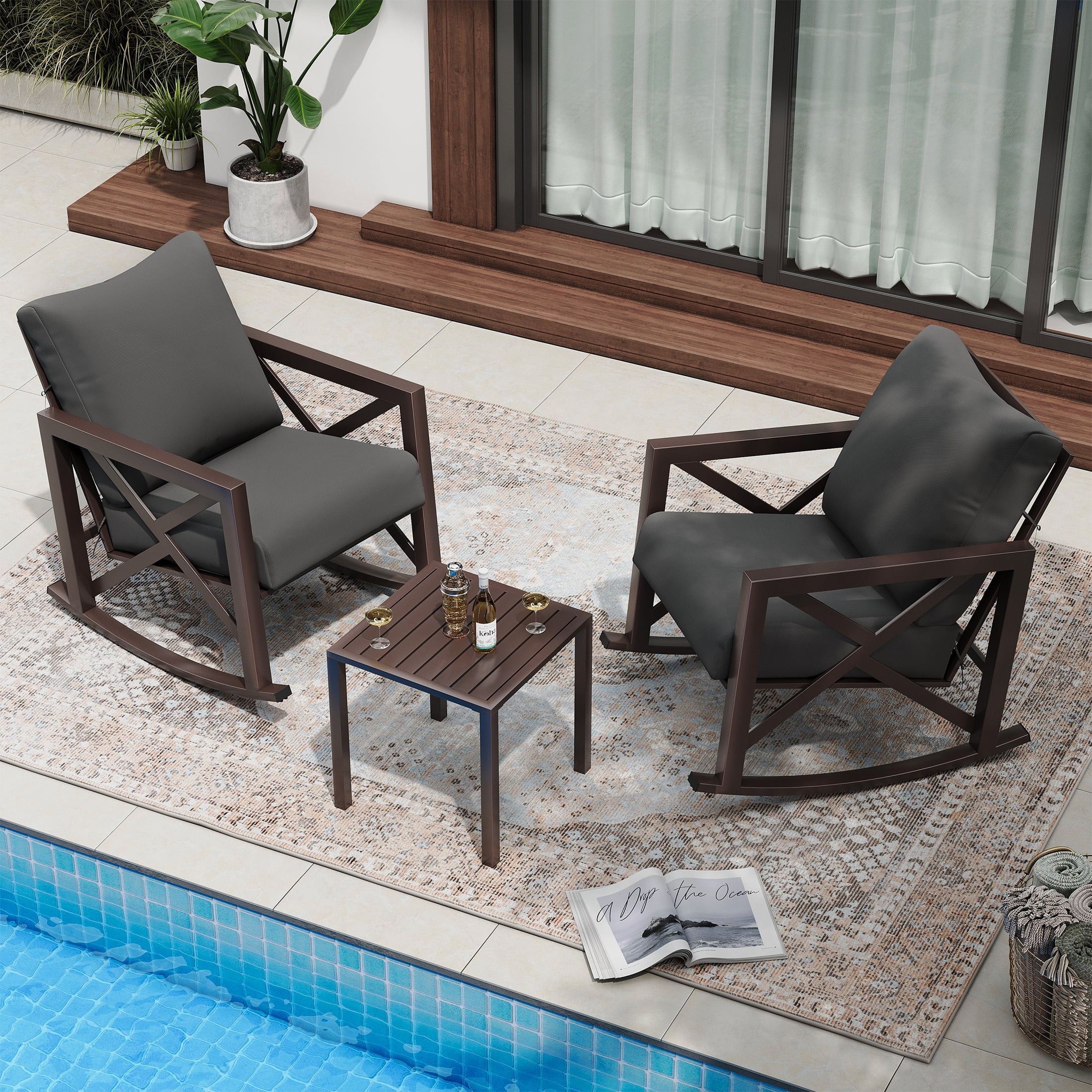 UDPATIO 3-Piece Metal Patio Rocking Chair Set, Heavy Duty 350 lbs Capacity Outdoor Bistro Furniture Set with 2 Rockers, Thick Cushions and Coffee Table for Porch, Rust-Resistant, Grey