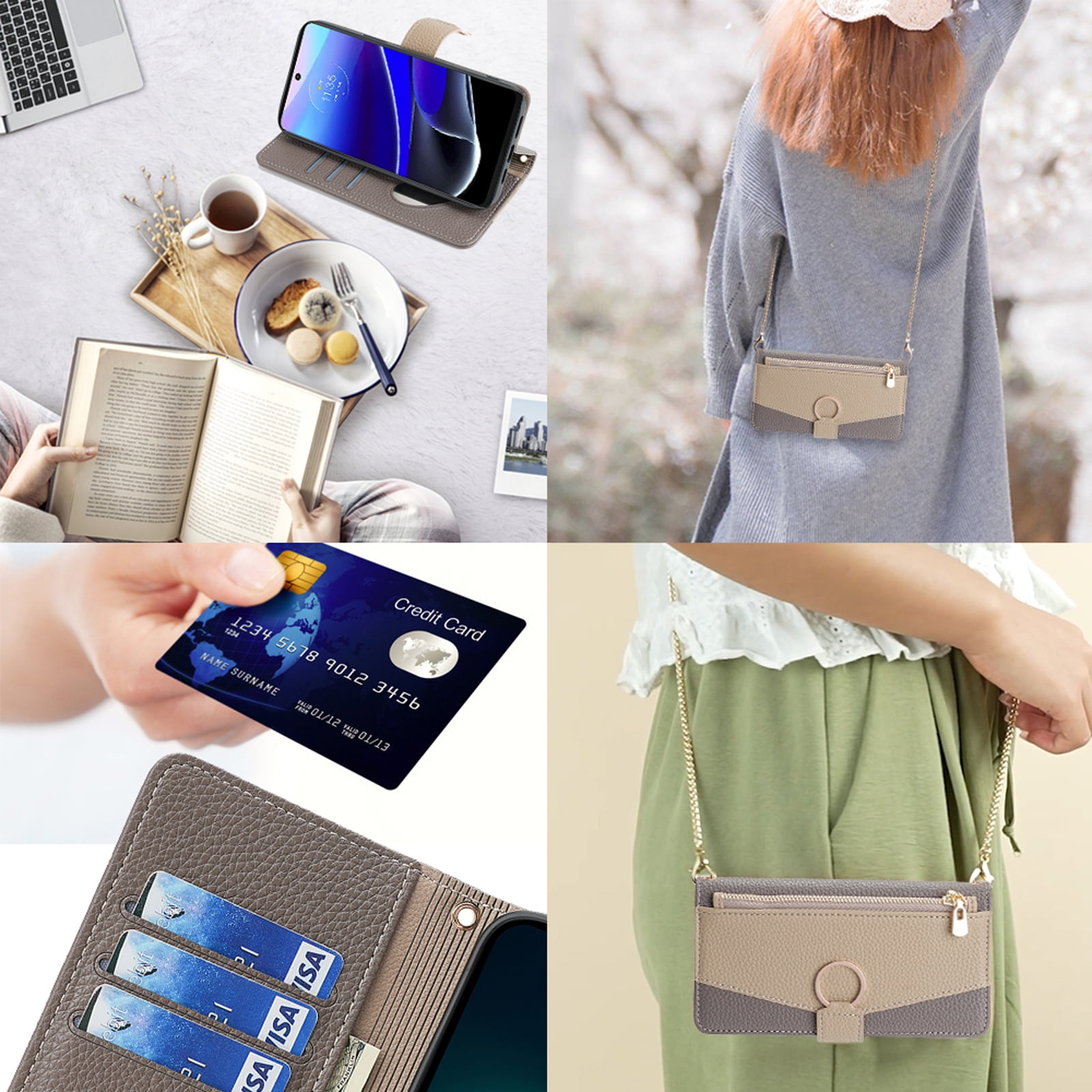 Phone Case for Google Pixel 7 Zipper Wallet Cover with Make-up Mirror, Flip Cover PU Leather Ring Card Holder Kickstand Crossbody Strap Chain Cell Phone Cover for Google Pixel 7, Gray