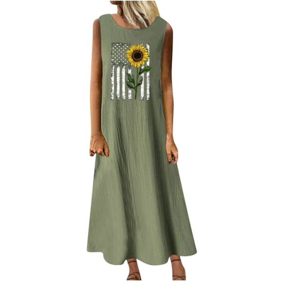 Wycnly Summer Dresses for Women Fashion US Flag Graphics 4th July Loose Swing Cotton Linen Tank Dresses Sleeveless Crewneck Sunflower Print Maxi 2024 Dress Army Green s Clearance Under $5