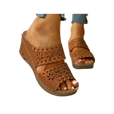 

Woobling Women Slides Beach Wedge Sandals Slip On Platform Sandal Womens Slide Slippers Hollow Out Casual Shoes Summer Breathable Brown 10