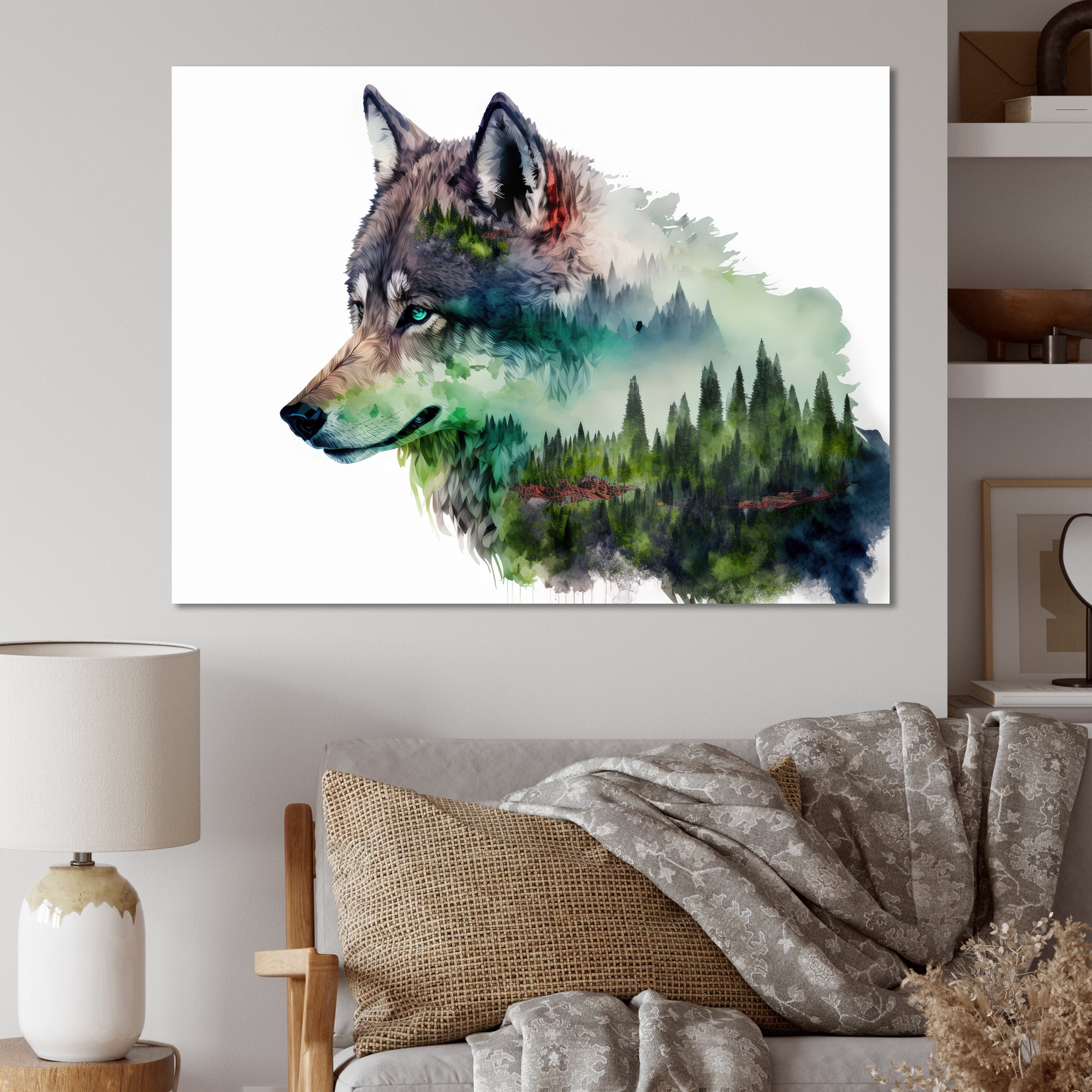 Designart Double Exposure Of A Wolf With Forest Landscape Canvas Wall Art