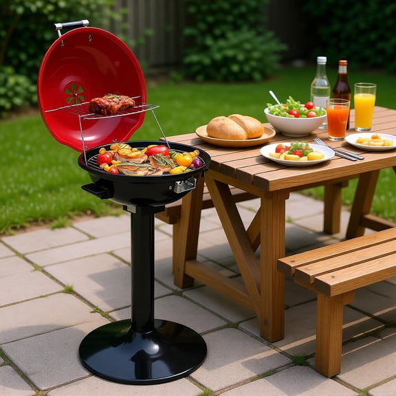 1600W Electric BBQ Grill with Stand Portable Double Layer Indoor Outdoor Use Foldable Warming Rack Adjustable Temperature Chrome Stainless Steel Heating Tube for Apartment Patio Balcony Red