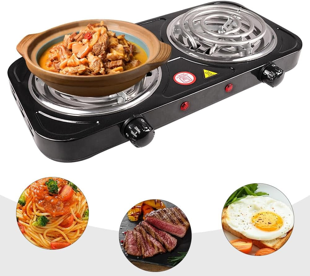 2000W Portable Electric Double Burner, Electric Hot Plate Kitchen Cooktop Cooking Stove Frying Pan and Easy to Clean for Home or Dorm, 5 Adjustable Temperatures, Black