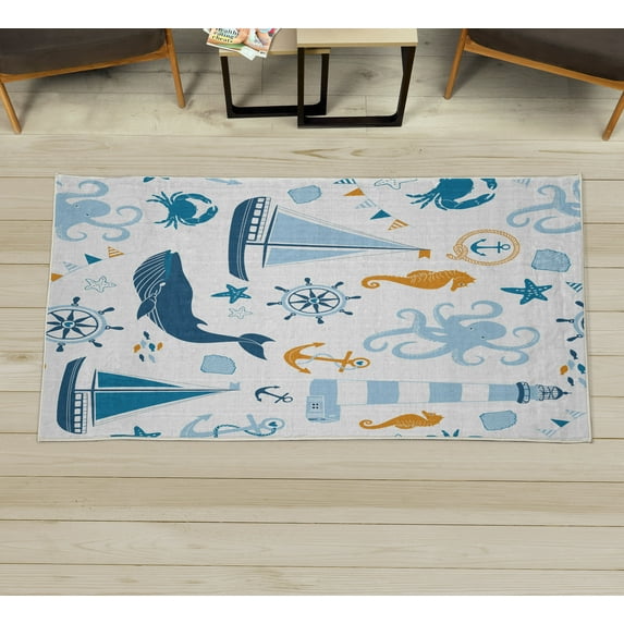 Nautical Decorative Rug, Pastel Colored Composition of Lighthouse Sailboat Fish Shells Octopus, Quality Carpet for Bedroom Dorm and Living Room, 6 Sizes, Blue and Orange, by Ambesonne