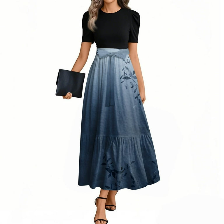 UOCEFIK Maxi Dress for Women Flowy Floral Print Short Sleeve A Line Dresses with Belt Elegant Patchwork Business Casual Summer Long Dress Navy S