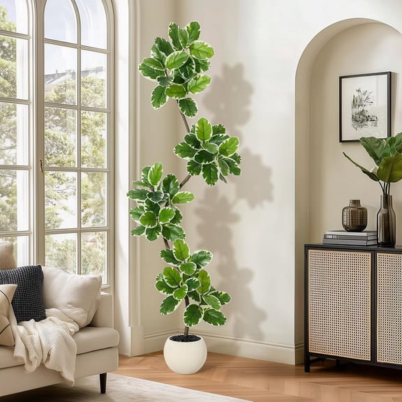 Fiddle Leaf Fig Tree Artificial Indoor, 7 ft Tall Faux Rubber Tree with Sphere Planter, Tall Artificial Plants with Moss for Home Decor Office Living Room
