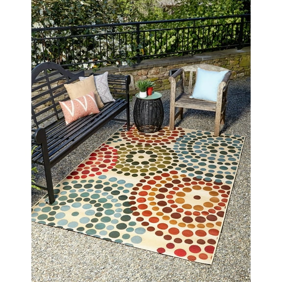 Unique Loom Outdoor Modern Collection Area Rug - Spark (5' 3" x 8' Rectangle Beige/Burgundy)