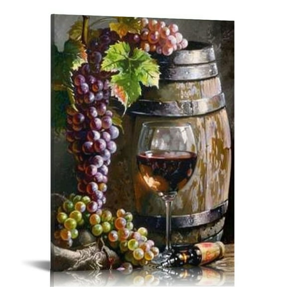 Creowell Kitchen Canvas Wall Art Coffee and Red Wine Paintings Vintage Farmhouse Pictures Bread Grapes Fruit Prints Artwork Framed for Dinning Room Bar Home Wall Decor 12x16 in