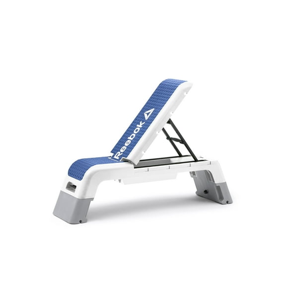 Reebok Fitness Delta Deck Multipurpose Adjustable Weight Bench Aerobic Strength Training Incline and Decline, White/Blue