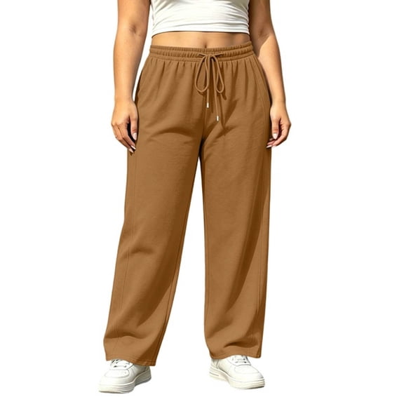 KICILVS Plus Size Pants for Women Wide Leg Baggy Sweatpants High Waist Drawstring Lounge Trousers with Pockets Everyday Wear Brown