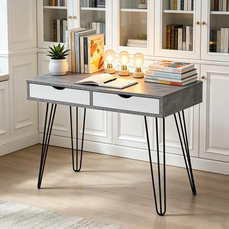AUU Retro Solid Hardwood Writing Desk with Drawers – Home Office Computer Desk for Bedroom, Dorm, or Study