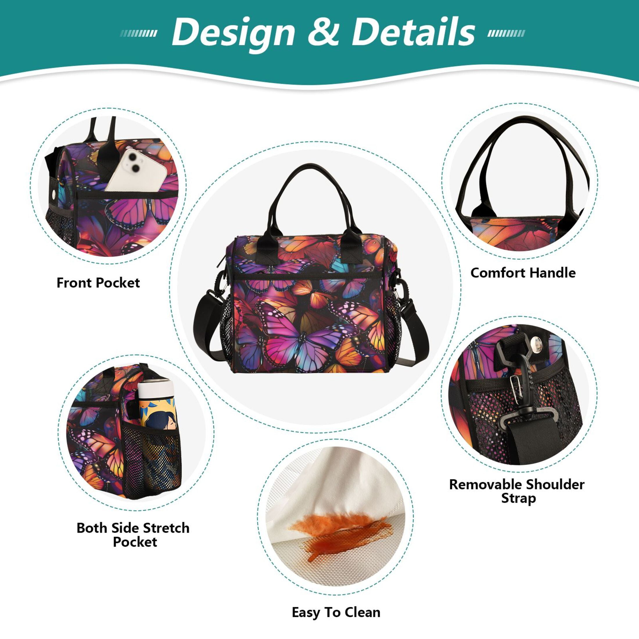 ALAZA Orange Purple Butterfly Insulated Lunch Bag Reusable Tote Box Adjustable Shoulder Strap for Work Picnic