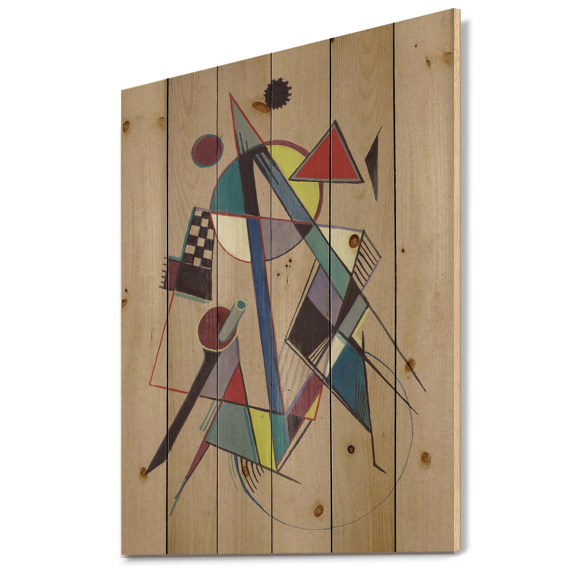 Designart 'Abstract Compositions Of Colored Geometric III' Modern Print on Natural Pine Wood