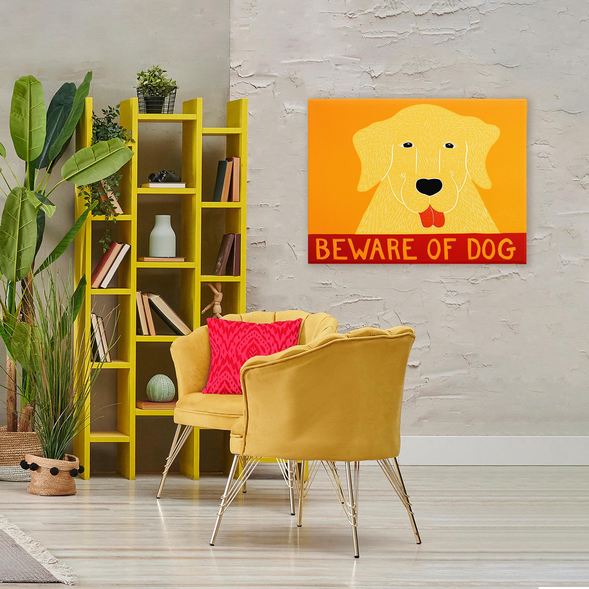Beware Of Dog Yellow & Red Canvas Wall Art, design by Stephen Huneck