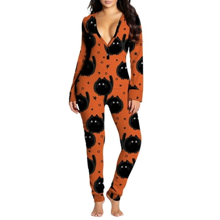 Women Halloween Home Jumpsuit Pumpkin/Skeleton/Cat Print V-Neck Long Sleeves Bodysuit with Hip Buttons 2021 New Style