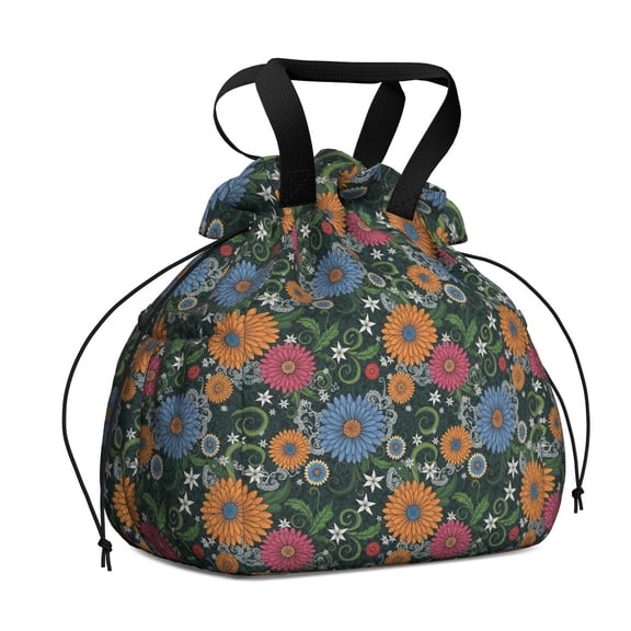 Pioneer Flower Floral Print Pattern Drawstring Lunch Bag Women - Drawstring Lunch Bag Insulated for Work Office - Stain-Resistant Large Lunchbags for Women with Multi-Pockets
