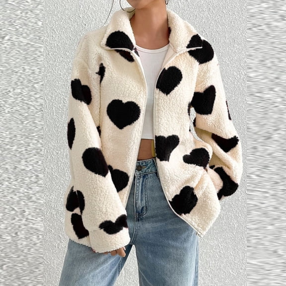 Cozy Oversized Heart Print Zipper Cardigan for Fall and Winter - Long Sleeve Soft Jacket for Women