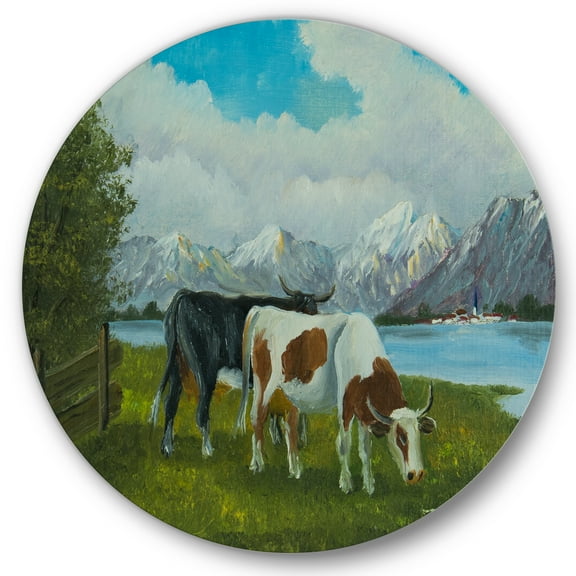 Designart 'Cows Eating Grass In Front Of A Lake' Farmhouse Circle Metal Wall Art 36x36 - Disc of 36