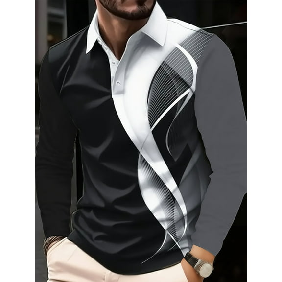 Men's Polo Shirts Long Sleeve Casual Fashion Polo Tee Shirts Color Block Slim Fit Golf Polo Shirt with Pocket Gray XL