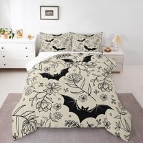 jejeloiu Cartoon Halloween Bats Full Size Comforter Sets,Rustic Flower Leaves Bedding Comforter Set,Beige Black Bedding Sets For Child,Ultra Soft Home Decor Reversible,3-Piece