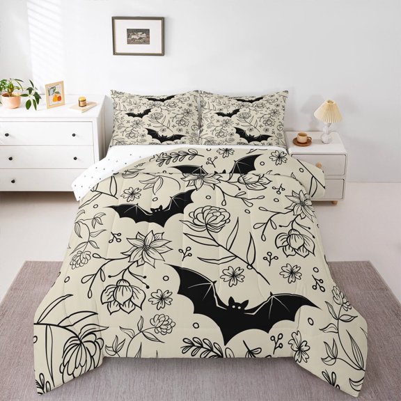 jejeloiu Cartoon Halloween Bats Bedding Comforter Set,Rustic Flower Leaves Twin Comforter Sets,Beige Black Bedding Set For Child,Ultra Soft Home Decor Reversible,2pcs