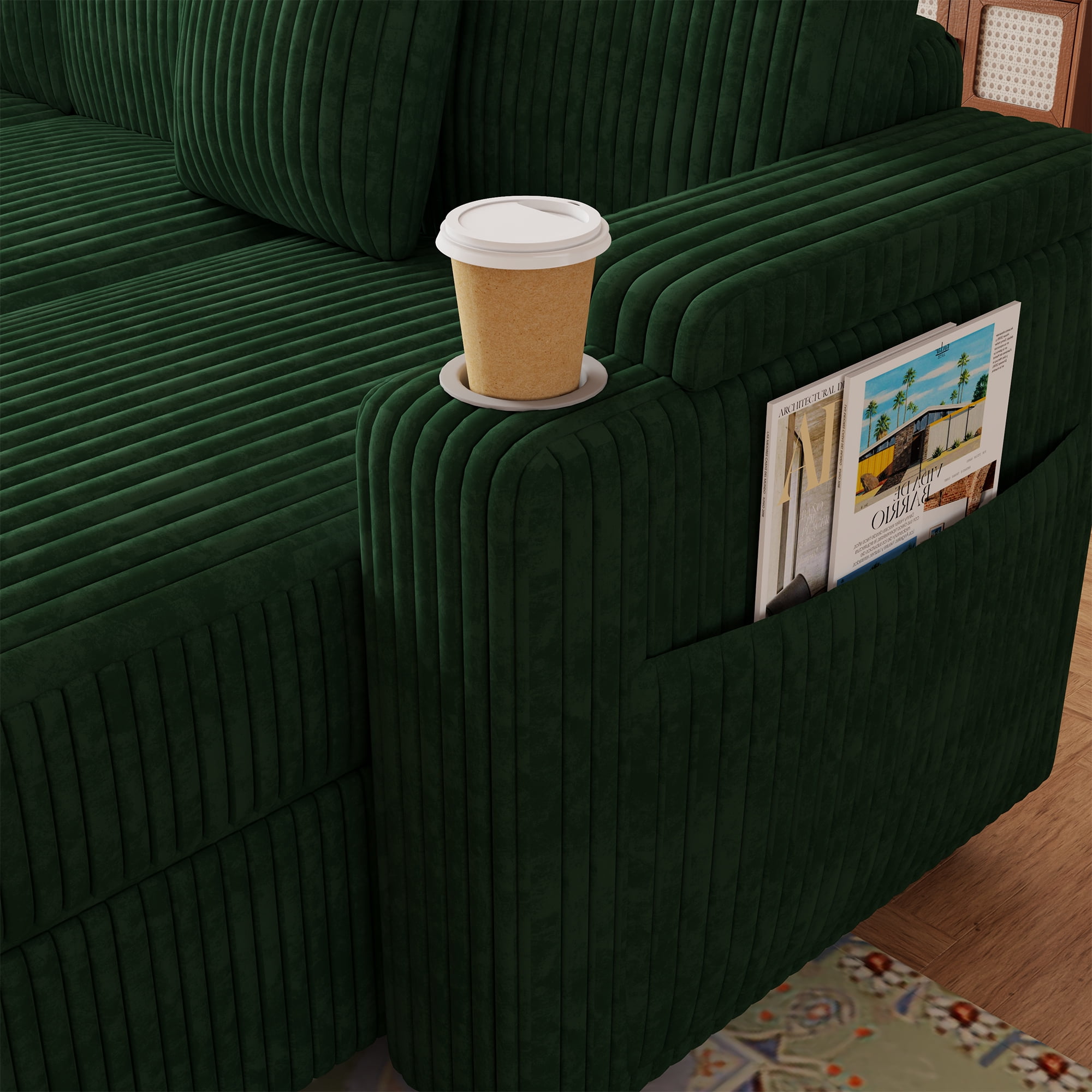 100"W L-Shaped Pull-Out Sofa Bed with USB Ports,Table Board,Cup Holder & Storage,7-Seat Corduroy Modular Sectional Sofa,Convertible Sleeper,Green