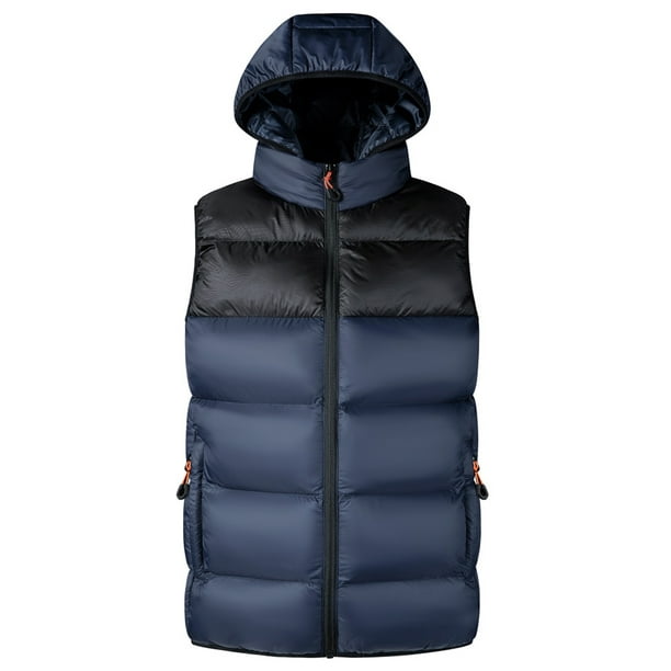 Fashnice Mens Jacket Color Block Puffer Vest With Detachable Hood Down  Vests Casual Winter Outwear Deep Blue XL