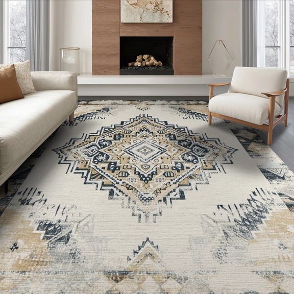 ODIKA 8'x10' Washable Area Rug Non-Shedding, Easy Care, Beige Neutral Boho Vintage Interlocking Trellis Border Cream for King Size Bedroom Under Bed, Master Suite
