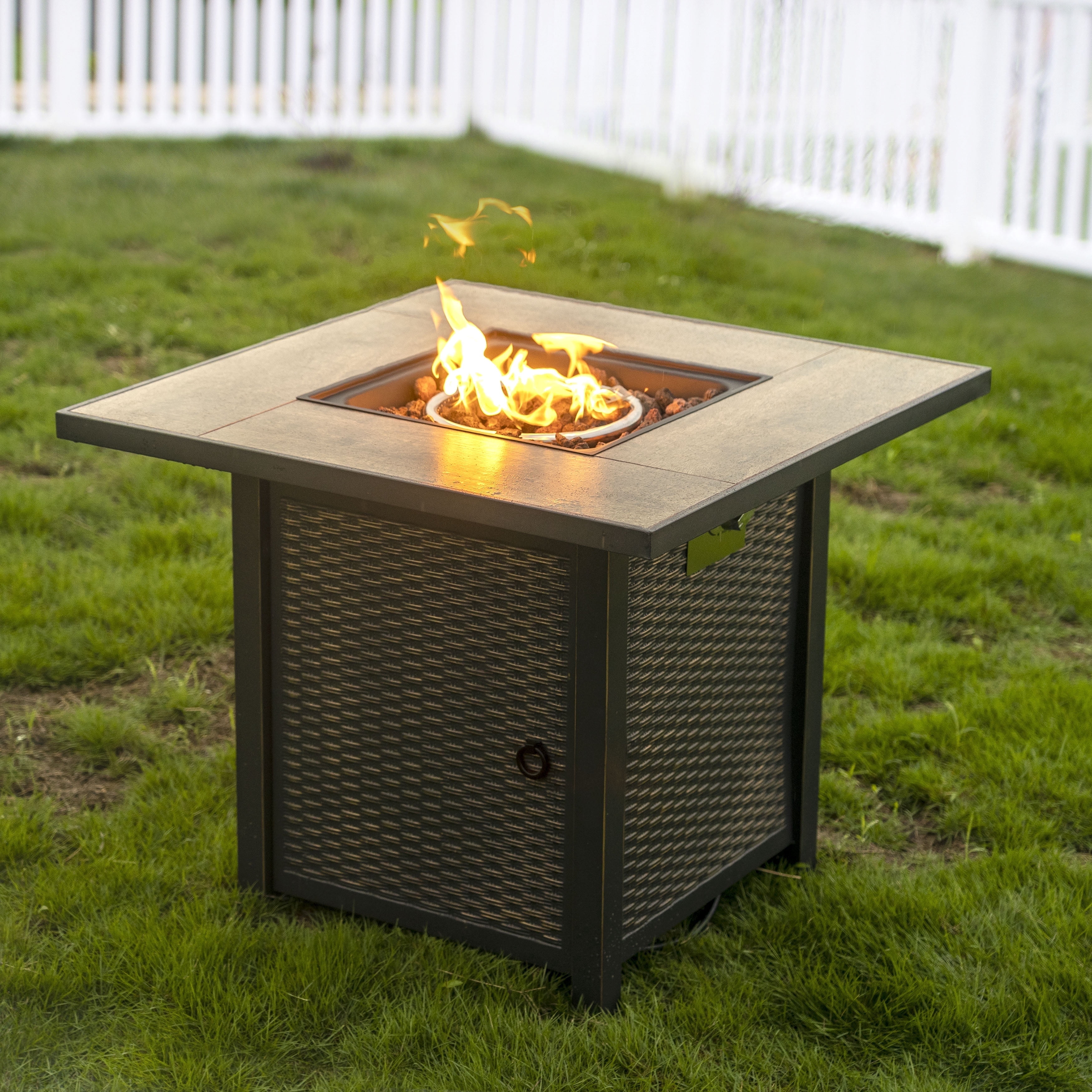 Nuu Garden 30'' Patio Fire Pit Table, 50,000 BTU Propane Gas Fire Pit for Outside Patio, With Lid and Lava Rocks, Ceramic Tile Tabletop, Black