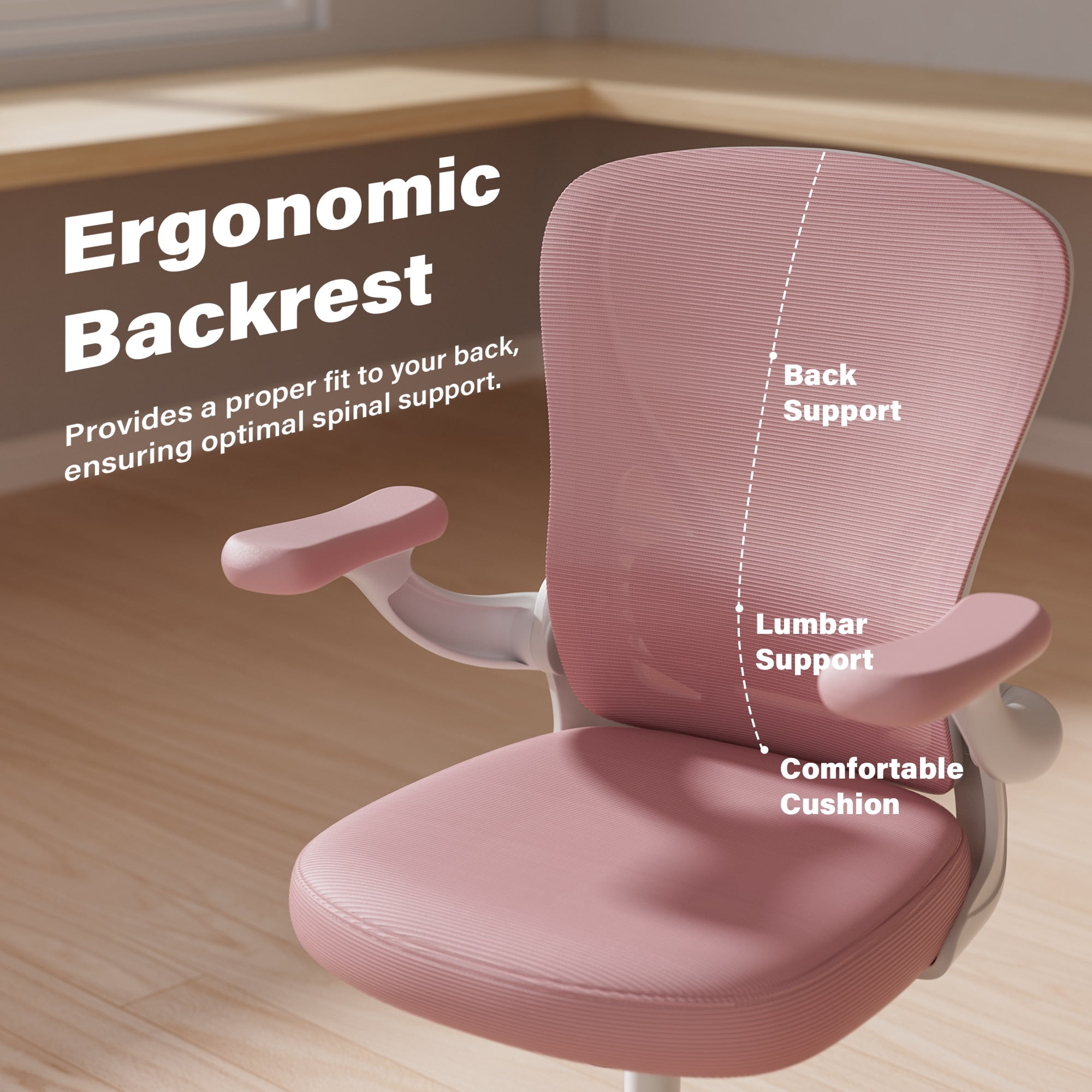 Ninecer Ergonomic Mesh Office Chair, Mesh Back Office Chair with Flip-up Arms, Swivel Computer Desk Chair with Lumbar Support for Adult, Pink