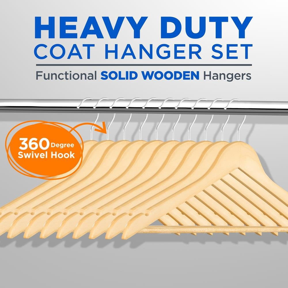 Premium Solid Wooden Hangers - Smooth Finish Space Saving Heavy Duty Suit Clothes Hanger Set w/ 360 Degree Swivel Metal Hook, Precisely Cut Notches, for Coats Jackets Pants Dress (30-Pack)