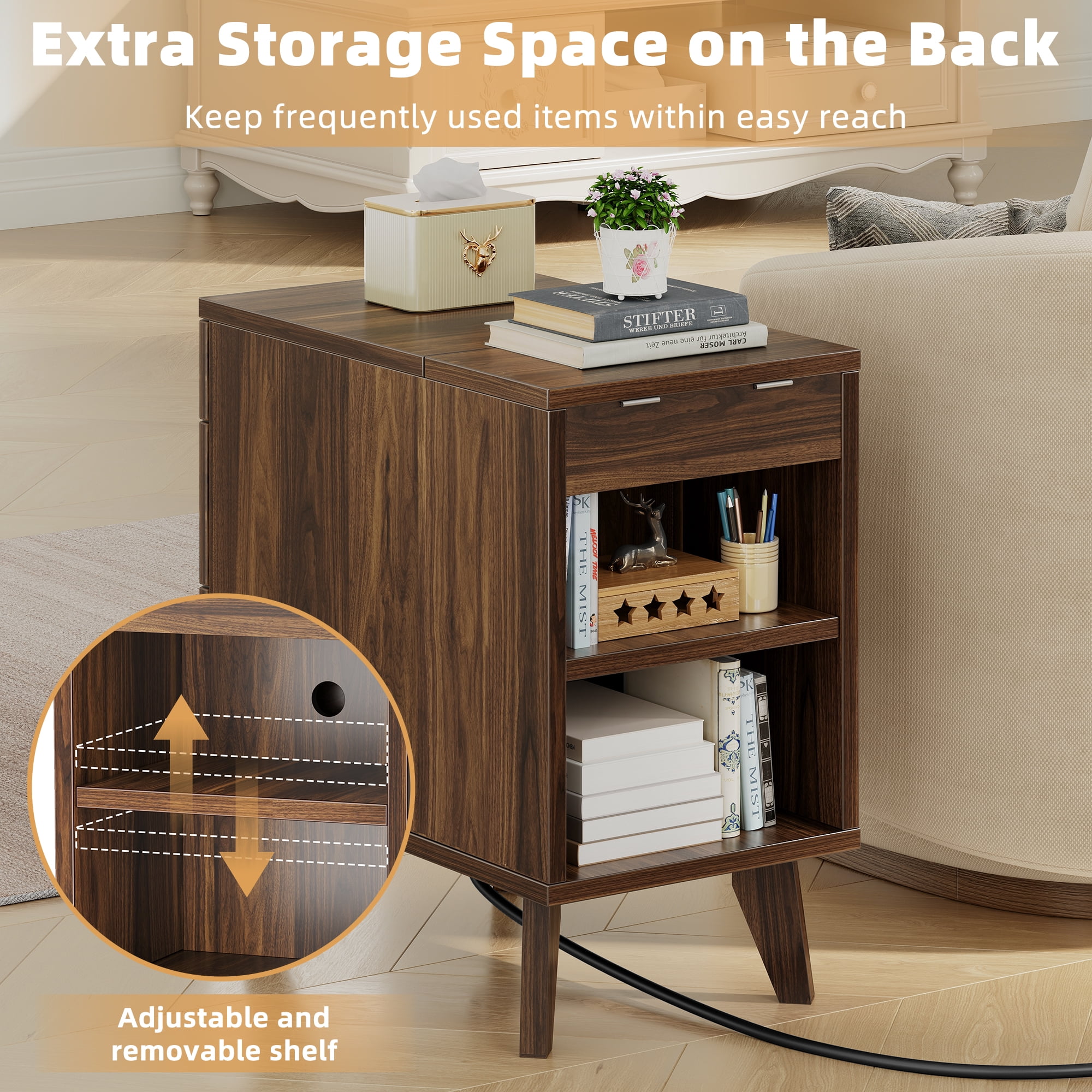 Biemlerfn 3 Drawer Side Table with Charging Station, Narrow End Table with Open Storage, Wooden Nightstand for Bedroom, Living Room, Brown
