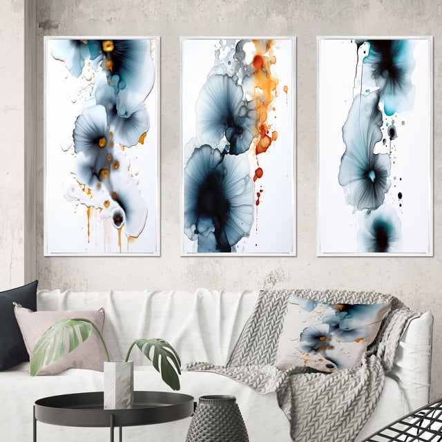 Designart "Heartbeat Rhapsody Turquoise and Gold Ink Cloud III" Abstract Painting Framed Wall Art Set Of 3 - Turquoise Modern Frame Canvas Set For Living Room Decor