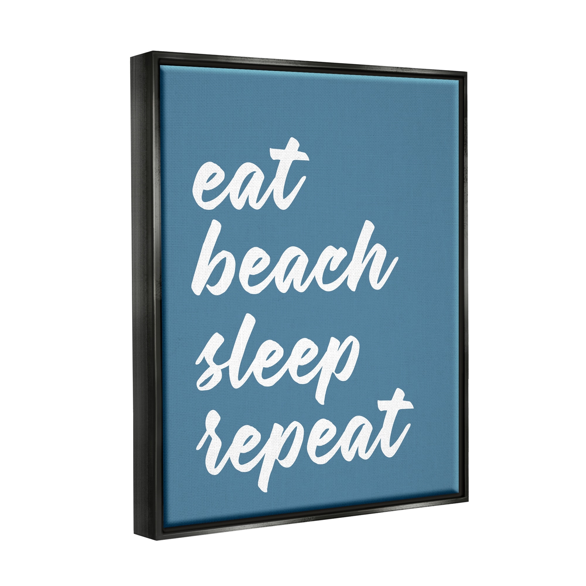 Stupell Industries Eat Beach Sleep Repeat Blue Script Phrase Graphic Art Jet Black Floating Framed Canvas Print Wall Art, Design by Lettered and Lined