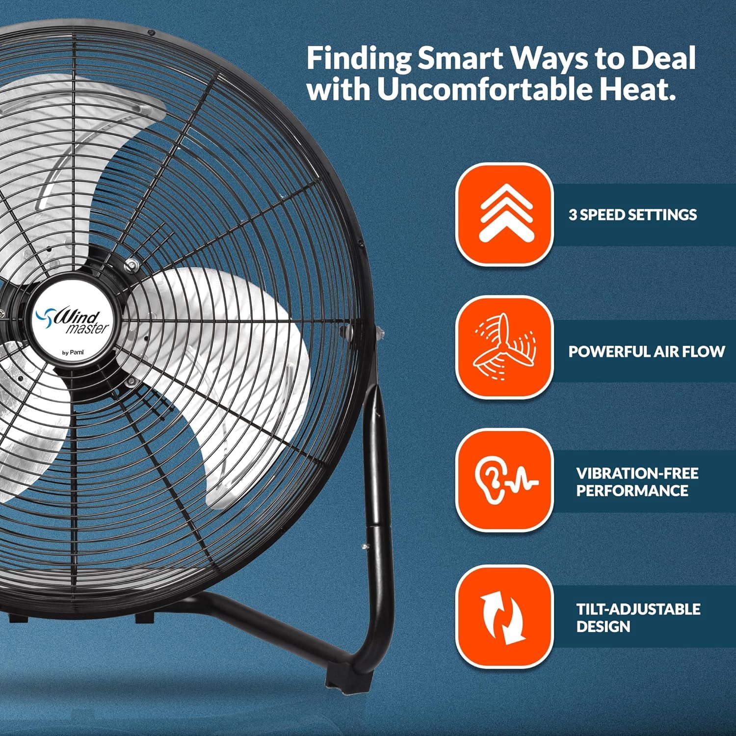 PAMI Floor Fan 18 inch Black – High-Velocity Metal Electric Fan with 3 Speeds & Adjustable Head Fans for Home & Office