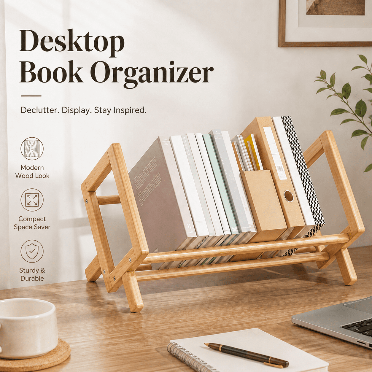Wooden Desktop Book Organizer - Tilting Bookcase Countertop Book Caddy Storage Rack for Living Room Home Office Magazine Book Display Tabletop Shelf Decor