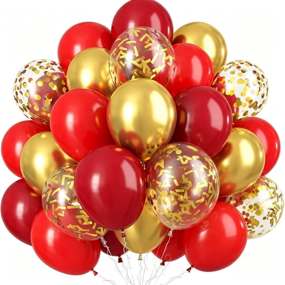 60Pcs Red & Gold Balloon Garland Kit, 12 Inch Bright Red Burgundy Metallic Foil Confetti Latex Balloons for Corporate Celebration Décor