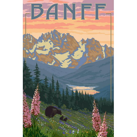 Banff, Alberta, Canada - Bears and Spring Flowers (with border) Print Wall Art By Lantern (Best Time To Cross Canadian Border)