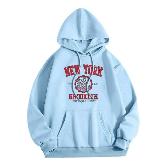 Wang6 "New York"Graphic Hoodies for Womens Plus Size Letter Printed Hooded Sweatshirts Trendy Drawstrings Long Sleeve V Neck Loose Fit Tops with Pockets Sky Blue XL