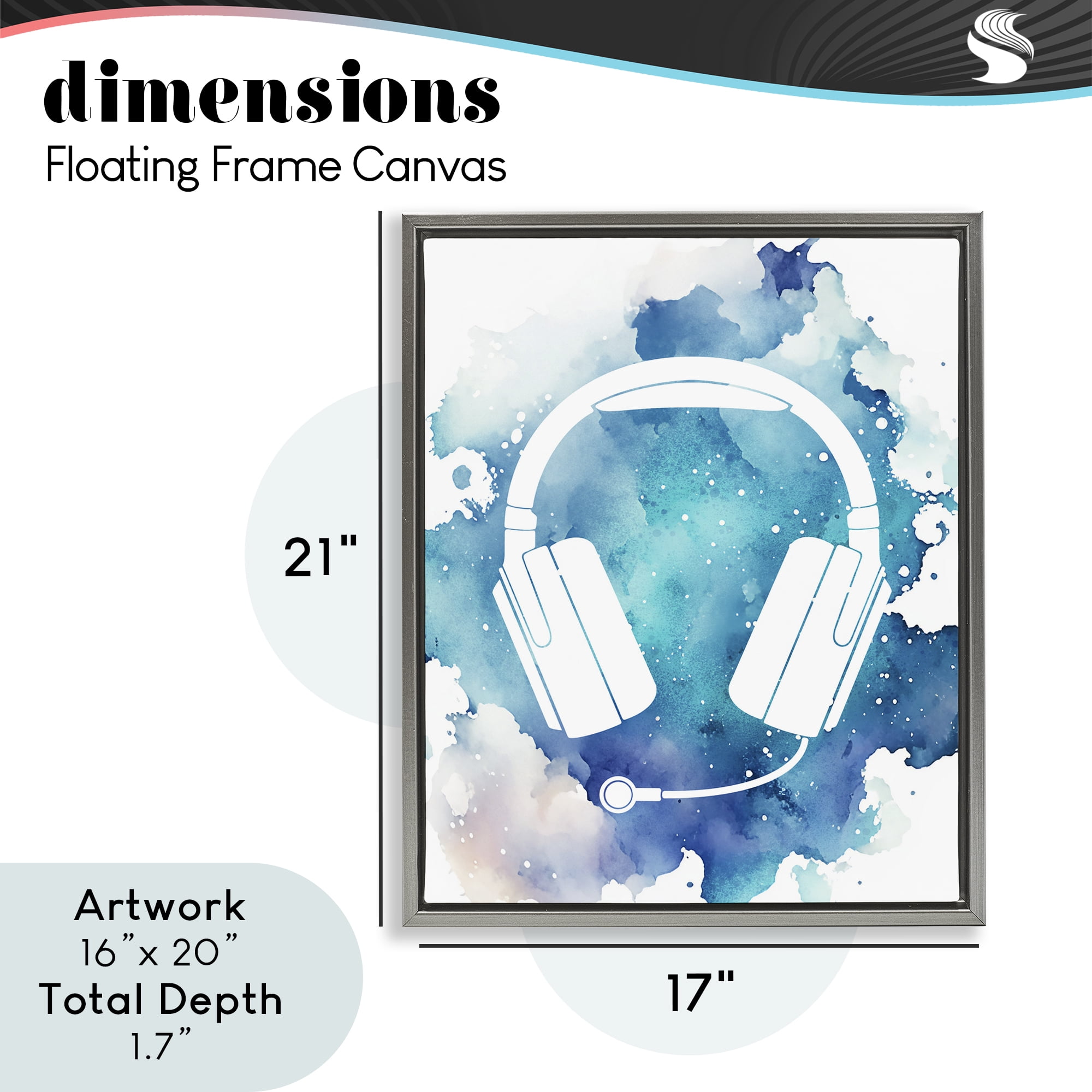 Blue Headphone Splatter Gray Framed Floater Canvas Wall Art, design by Marcus Prime