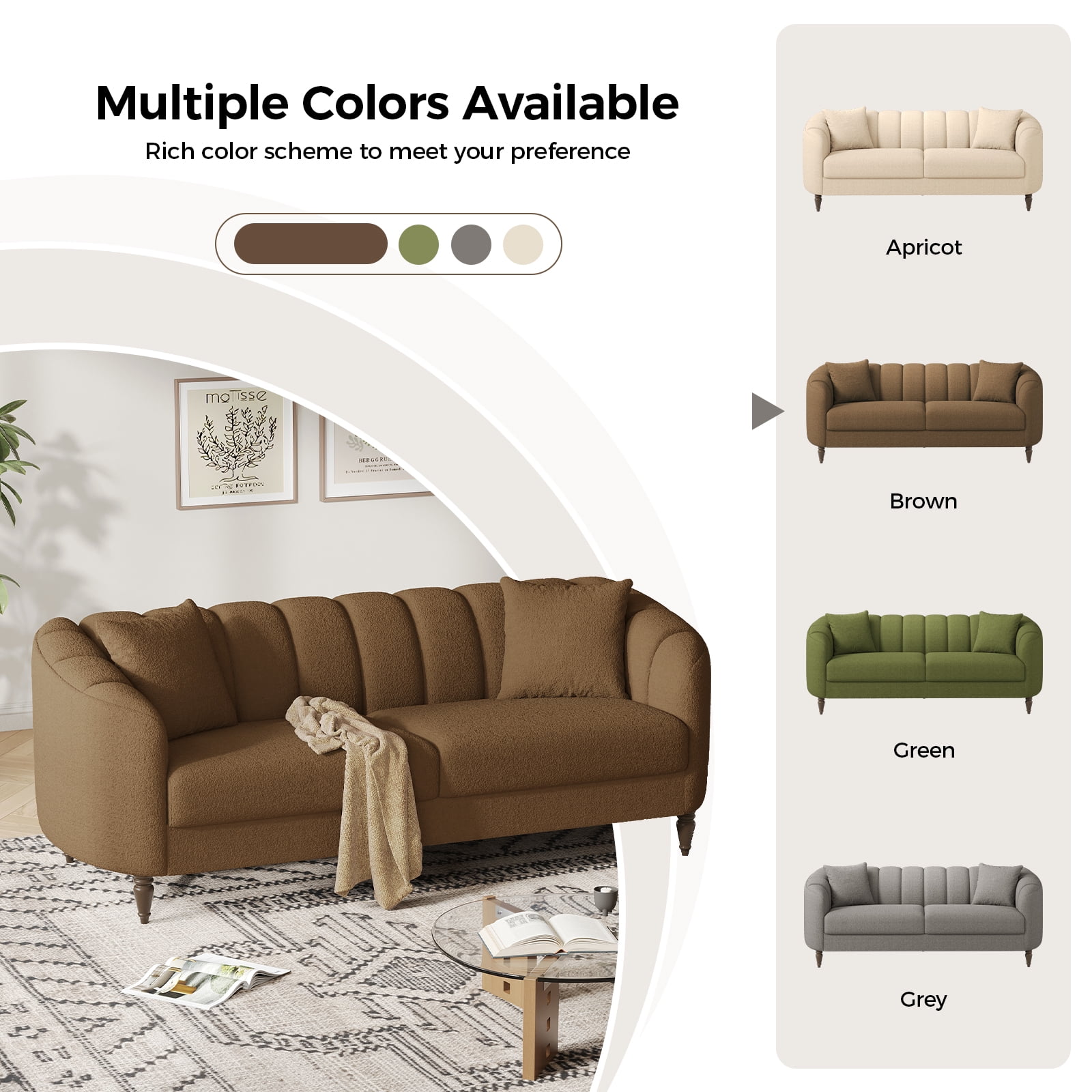 COPIAE 82 Inch Loveseat Sofa,Modern Couch and Sofa,Curved Petal Design Furniture,Sturdy and Easy Installation,Small Sofa for Living Room Bedroom Office and Apartment,Terry Fleece Fabric Brown