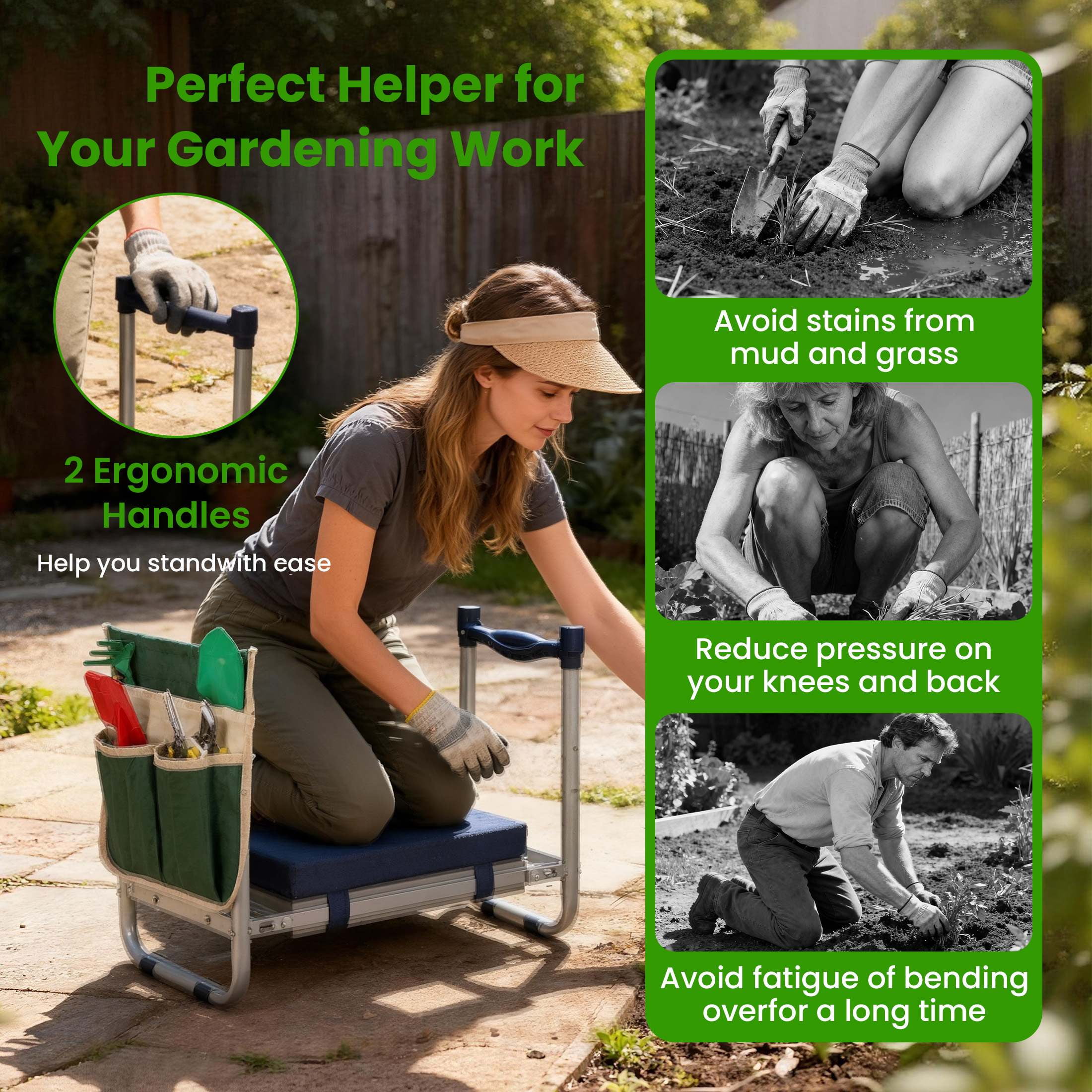 ORFELD 2-in-1 Garden Kneeler and Seat, Equipped with a Large Garden Tool Bag and a Pair of Claw Gloves,Portable Lightweight Bench Thicken Eva Foam Pad Sturdy Steel Pipe Practical Garden Tools(Green)