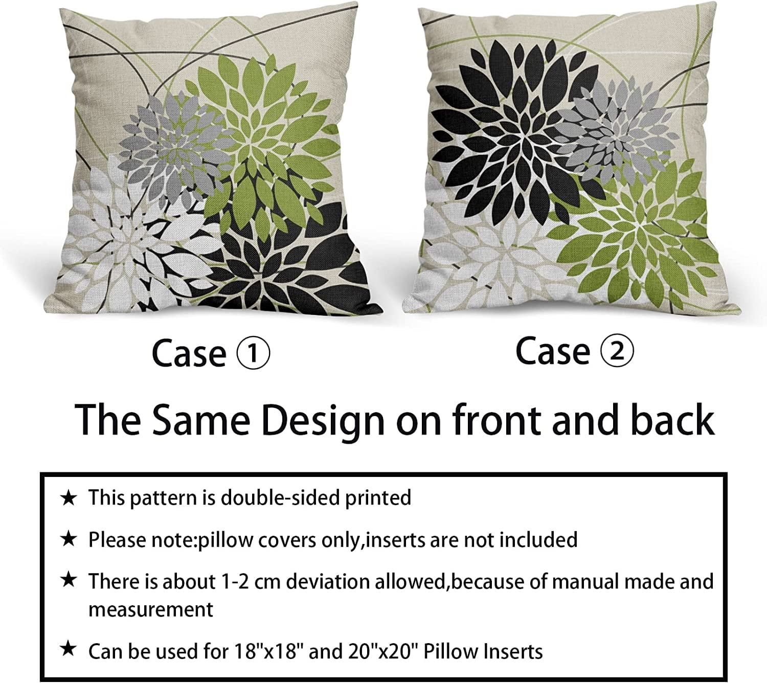 Black Green Pillow Covers 20x20 Inch Dahlia Flower Decorative Throw Pillows Modern Geometry Floral Outdoor Farmhouse Pillowcase Linen Square Cushion Case Decor for Home Sofa Couch Bed, Set of 2