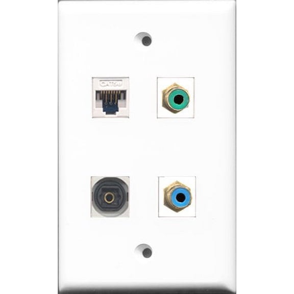 RiteAV 1 Port RCA Green and 1 Port RCA Blue and 1 Port Toslink and 1 Port Cat5e Ethernet White Wall Plate
