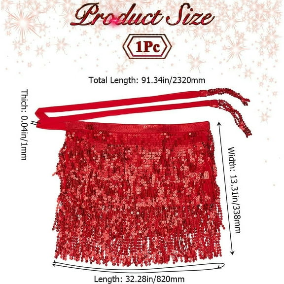1pc Sequin Belly Dance Hip Scarf Tassel Skirt Wrap Fringe Skirt Red Sparkly Rave Costume for Women Mardi Gras Belly Dancing Festival Clothing Halloween Party 91.34inch/232cm