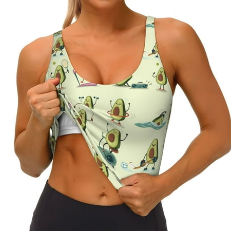 Qokaie Avocado for Exercise Pattern Womens Scoop Neck Sports Bra Breathable Workout Vest Padded U Back Medium Impact Fitness Gym Yoga Bra Workout Crop Top