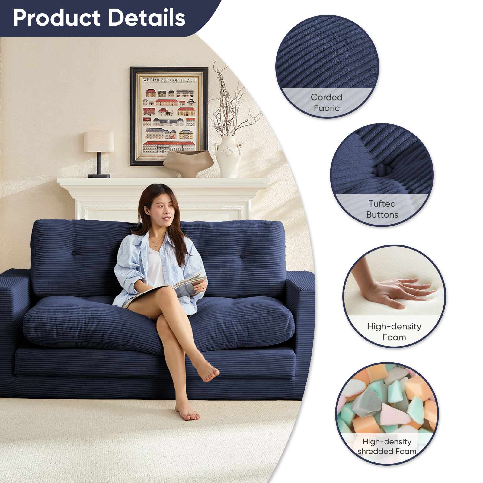 ZAFLY 2 in 1 Convertible Loveseat, Futon Sleeper Sofa Bed, Floor Couch for Small Space - Blue